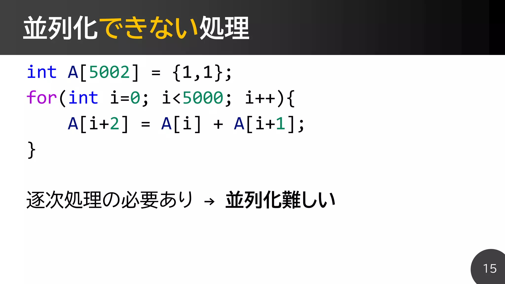 並列化できない処理
int A[5002] = {1,1};
for(int i=0; i<5000; i++){
A[i+2] = A[i] + A[i+1];
}
逐次処理の必要あり → 並列化難しい
15
 