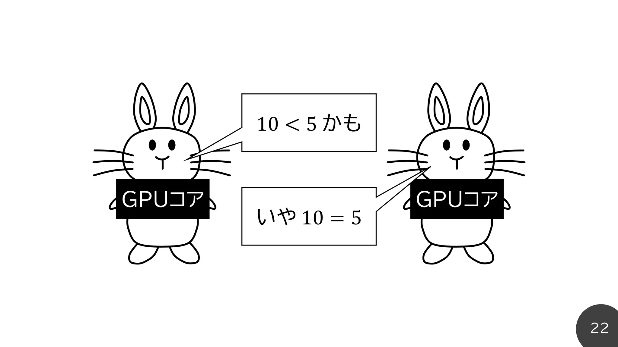 22
GPUコア GPUコア
10 < 5 かも
いや 10 = 5
 