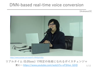 /13
DNN-based real-time voice conversion
5
https://www.youtube.com/watch?v=P9rGqoYnfCg
[Arakawa19]
リアルタイム (0.05sec) で特定の他者になれるボイスチェンジャ
更に… https://www.youtube.com/watch?v=vFSHxn_G2iQ
 