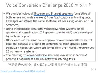 /13
Voice Conversion Challenge 2016 のタスク
7
http://vc-challenge.org/vcc2016/index.html
英語音声の変換．5×5話者の変換音声を提出して評価．
 