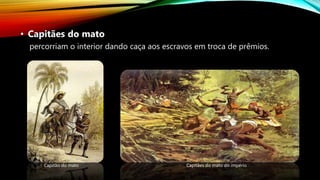 percorriam o interior dando caça aos escravos em troca de prêmios.
• Capitães do mato
Capitão do mato Capitães do mato do império
 