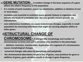 e) GENE MUTATION- A random change in the base sequence of a gene
affects the allele’s frequency in the population
• It is mainly of point mutation ,occurs by substitution ,addition or deletion of one
or more bases .
• mutations are essential to evolution every genetic feature in organisms was
initially the result of a mutation and the new genetic variant spreads via
reproduction.
• even deleterious mutations can cause evolutionary changes, especially in small
population by removing individuals that might be carrying adaptive alleles at
other genes.
f)STRUCTURAL CHANGE OF
CHROMOSOME- It changes the morphology and number of
chromosomes at times and such a variation may manifest in the phenotype.
• deletion, inversion, translocation, duplication of a segment of a chromosome
couses morphological changes
• numerical changes take place by aneuploidy and polyploidy
• the chromosomal aberrations result in loss of genes, new positions for gene or
addition of genes, gene variation results in change in gene frequency.
 