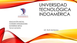 UNIVERSIDAD
TECNOLÓGICA
INDOAMÉRICA
EDUCACIÓN INICIAL
CATEDRA INTEGRADORA
KATHERINE DEFAZ
Tercer semestre
LIC. Ruth Zambrano
 