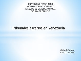 UNIVERSIDAD FERMIN TORO
VICERRECTORADO ACADEMICO
FACULTAD DE CIENCIAS JURIDICAS
ESCUELA DE DERECHO
Tribunales agrarios en Venezuela
Michell Cuevas
C.I: 27.258.555
 