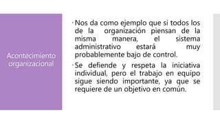 Acontecimiento
organizacional
Nos da como ejemplo que si todos los
de la organización piensan de la
misma manera, el sistema
administrativo estará muy
probablemente bajo de control.
Se defiende y respeta la iniciativa
individual, pero el trabajo en equipo
sigue siendo importante, ya que se
requiere de un objetivo en común.
 