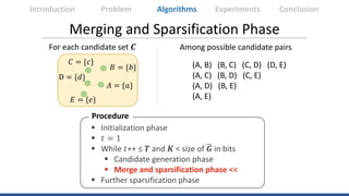 Merging and Sparsification Phase
For each candidate set 𝑪𝑪 Among possible candidate pairs
Introduction Algorithms Experime...