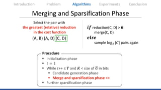 Merging and Sparsification Phase
Select the pair with
the greatest (relative) reduction
in the cost function
𝒊𝒊𝒊𝒊 reductio...