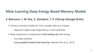 Meta-Learning Deep Energy-Based Memory Models
S. Batrunov, J. W. Rae, S. Osindero, T. P. Lillicrap (Google Brain)
Construct memory models for more complex data (e.g. images)
Represent higher order dependency in real-world data
Need compressive (≒expressive) & fast writing rule with energy
Use deep networks
Apply gradient-based meta-learning methods (Finn et al., 2017)
8
 