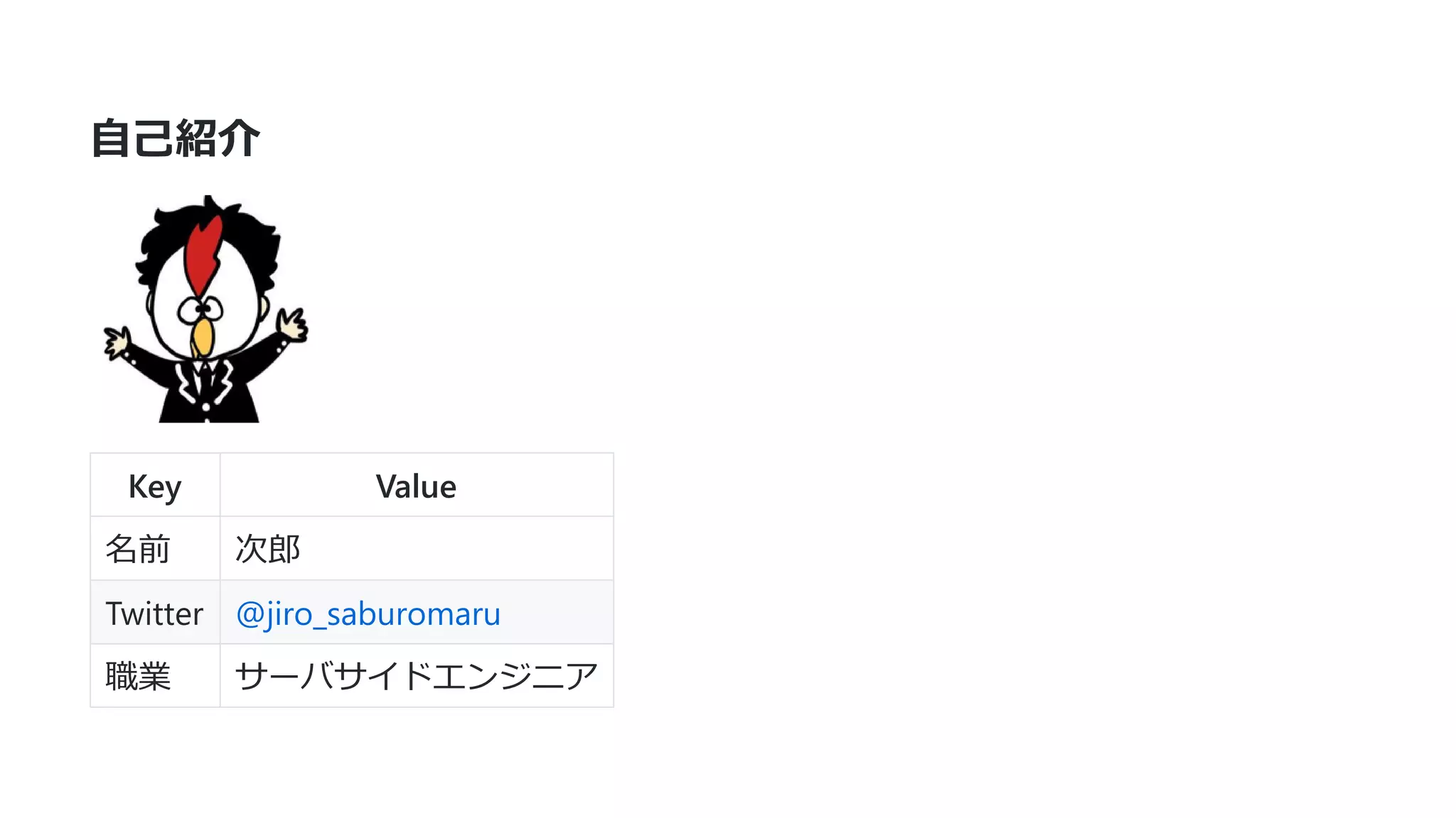 ⾃⼰紹介
Key Value
名前 次郎
Twitter @jiro_saburomaru
職業 サーバサイドエンジニア
 