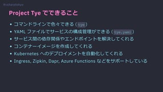 Project Tye でできること
コマンドラインで⾊々できる ( tye )
YAML ファイルでサービスの構成管理ができる ( tye.yaml )
サービス間の依存関係やエンドポイントを解決してくれる
コンテナーイメージを作成してくれる
Kubernetes へのデプロイメントを⾃動化してくれる
Ingress, Zipkin, Dapr, Azure Functions などをサポートしている
#csharptokyo
 