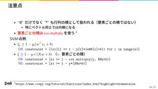 注意点
• “@” だけでなく “*” も行列の積として扱われる（要素ごとの積ではない）
▶ 特にベクトル同士では内積になる
• 要素ごとの積は cvx.multiply を使う 1
SVM の例
• ξi ≥ 1 − yi(w⊤xi + b)
OK constraint = [(xi[i] >= 1 - y[i]*(w@X[i]+b)) for i in range(n)]
• ξ ≥ 1 − y ◦ (Xw + b) （◦: 要素ごとの積）
OK constraint = [xi >= 1 - cvx.multiply(y, X@w+b)]
NG constraint = [xi >= 1 - y*(X@w+b)]
1
https://www.cvxpy.org/tutorial/functions/index.html?highlight=elementwise
14 / 27
 