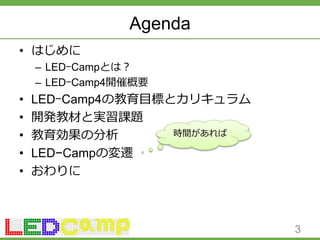 Agenda
• はじめに
– LEDｰCampとは？
– LEDｰCamp4開催概要
• LEDｰCamp4の教育目標とカリキュラム
• 開発教材と実習課題
• 教育効果の分析
• LED−Campの変遷
• おわりに
3
時間があれば
 