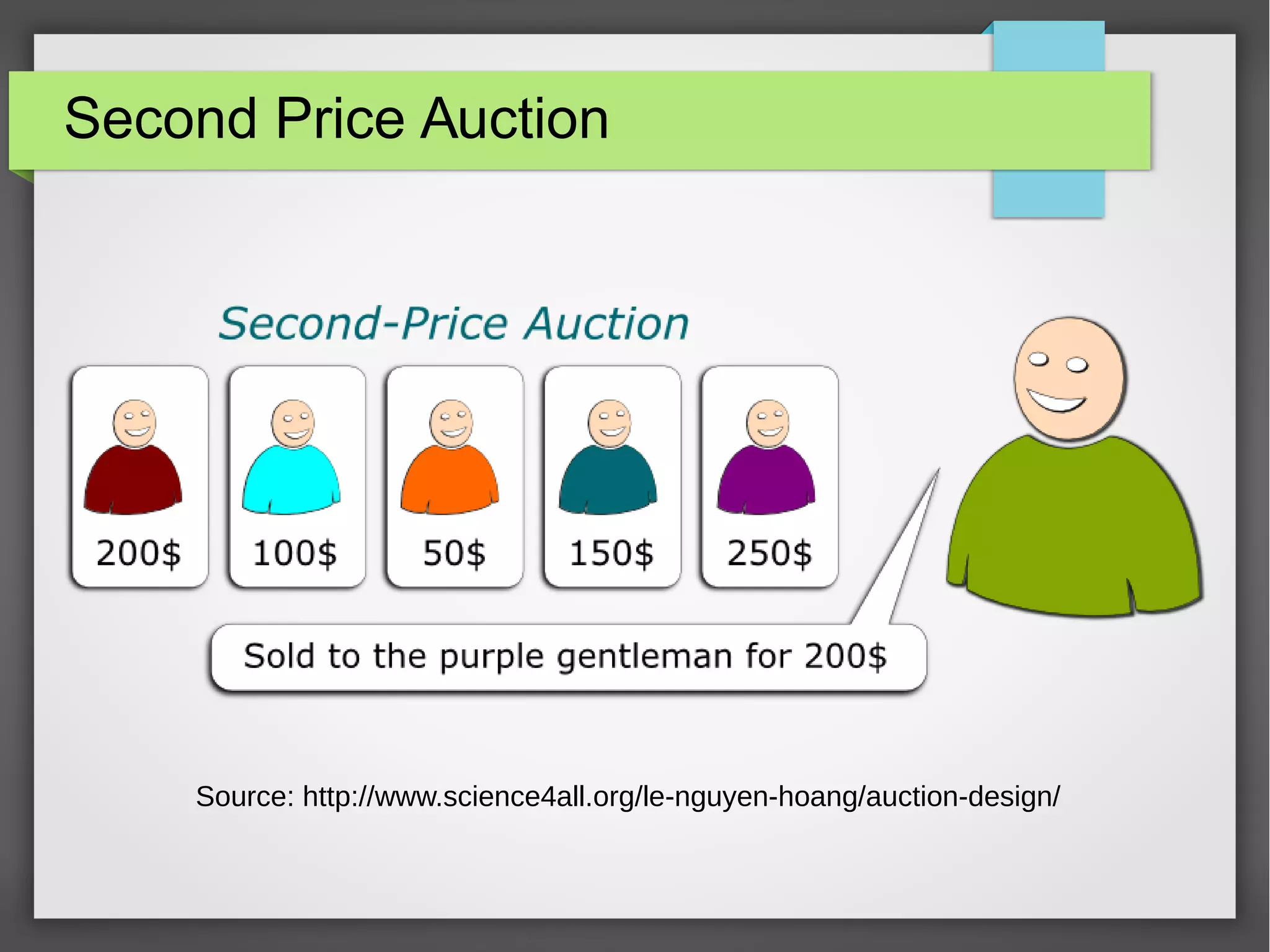 Second Price Auction
Source: http://www.science4all.org/le-nguyen-hoang/auction-design/
 