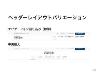 ヘッダーレイアウトバリエーション
ナビゲーション回り込み（標準）
中央揃え
62
 