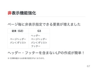 ⾮表⽰機能強化
ページ毎に⾮表⽰指定できる要素が増えました
従来（G2） G3
ページヘッダー
パンくずリスト
ヘッダー
ページヘッダー
パンくずリスト
フッター
ヘッダー・フッターを含まないLPの作成が簡単！
※ G3無料版からは⾮表⽰設定がなくなります。
67
 