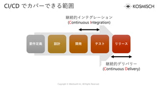 CI/CD でカバーできる範囲
要件定義 設計 開発 テスト リリース
継続的インテグレーション
(Continuous Integration)
継続的デリバリー
(Continuous Delivery)
Copyright © Alterbooth Inc. All Rights Reserved.
 