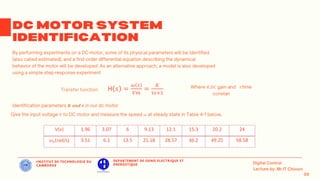 IINSTITUT DE TECHNOLOGIE DU
CAMBODGE
DEPARTEMENT DE GENIE ELECTRIQUE ET
ENERGETIQUE
𝐾 𝐷𝐶 𝜏
𝑲 𝒂𝒏𝒅 𝝉
𝑉 𝜔
V(v) 1.96 3.07 6 9.13 12.1 15.3 20.2 24
𝜔𝑠(rad/s) 3.51 6.1 13.5 21.18 28.57 36.2 49.25 58.58
H 𝑠 =
𝜔 𝑠
𝑉𝑚
=
𝐾
𝜏𝑠+1
 