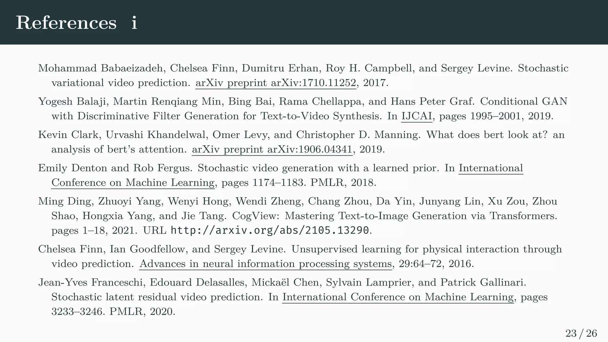 Experiments - quantitative results
Model FID-0↓ FID-1 FID-2 FID-4 FID-8 IS↑ CLIPSIM↑
AttnGAN (Xu et al., 2018) 35.2 44.0 72.0 108.0 100.0 23.3 0.2772
DM-GAN (Zhu et al., 2019) 26.0 39.0 73.0 119.0 112.3 32.2 0.2838
DF-GAN (Tao et al., 2020) 26.0 33.8 55.9 91.0 97.0 18.7 0.2928
DALL-E (Ramesh et al., 2021) 27.5 28.0 45.5 83.5 85.0 17.9 -
CogView (Ding et al., 2021) 27.1 19.4 13.9 19.4 23.6 18.2 0.3325
XMC-GAN (Zhang et al., 2021) 9.3 - - - - 30.5 -
NÜWA 12.9 13.8 15.7 19.3 24 27.2 0.3429
Table 1: T2I task on MSCOCO (256×256).
Model Acc↑ FID-img↓ FID-vid↓ CLIPSIM↑
T2V (64×64) (Li et al., 2018) 42.6 82.13 14.65 0.2853
SC (128×128) (Balaji et al., 2019) 74.7 33.51 7.34 0.2915
TFGAN (128×128) (Balaji et al., 2019) 76.2 31.76 7.19 0.2961
NÜWA (128×128) 77.9 28.46 7.05 0.3012
Table 2: T2V task on the Kinetics dataset.
Model Cond. FVD↓
MoCoGAN (Tulyakov et al., 2018) 4 503
SVG-FP (Denton and Fergus, 2018) 2 315
CNDA (Finn et al., 2016) 2 297
SV2P (Babaeizadeh et al., 2017) 2 263
SRVP (Franceschi et al., 2020) 2 181
VideoFlow (Kumar et al., 2019) 3 131
LVT (Rakhimov et al., 2020) 1 126±3
SAVP (Lee et al., 2018) 2 116
DVD-GAN-FP (Clark et al., 2019) 1 110
Video Transformer (S) (Weissenborn et al., 2020) 1 106±3
TriVD-GAN-FP (Luc et al., 2020) 1 103
CCVS (Moing et al., 2021) 1 99±2
Video Transformer (L) (Weissenborn et al., 2020) 1 94±2
NÜWA 1 86.9
Table 3: V2V task on BAIR (64×64).
13 / 26
 