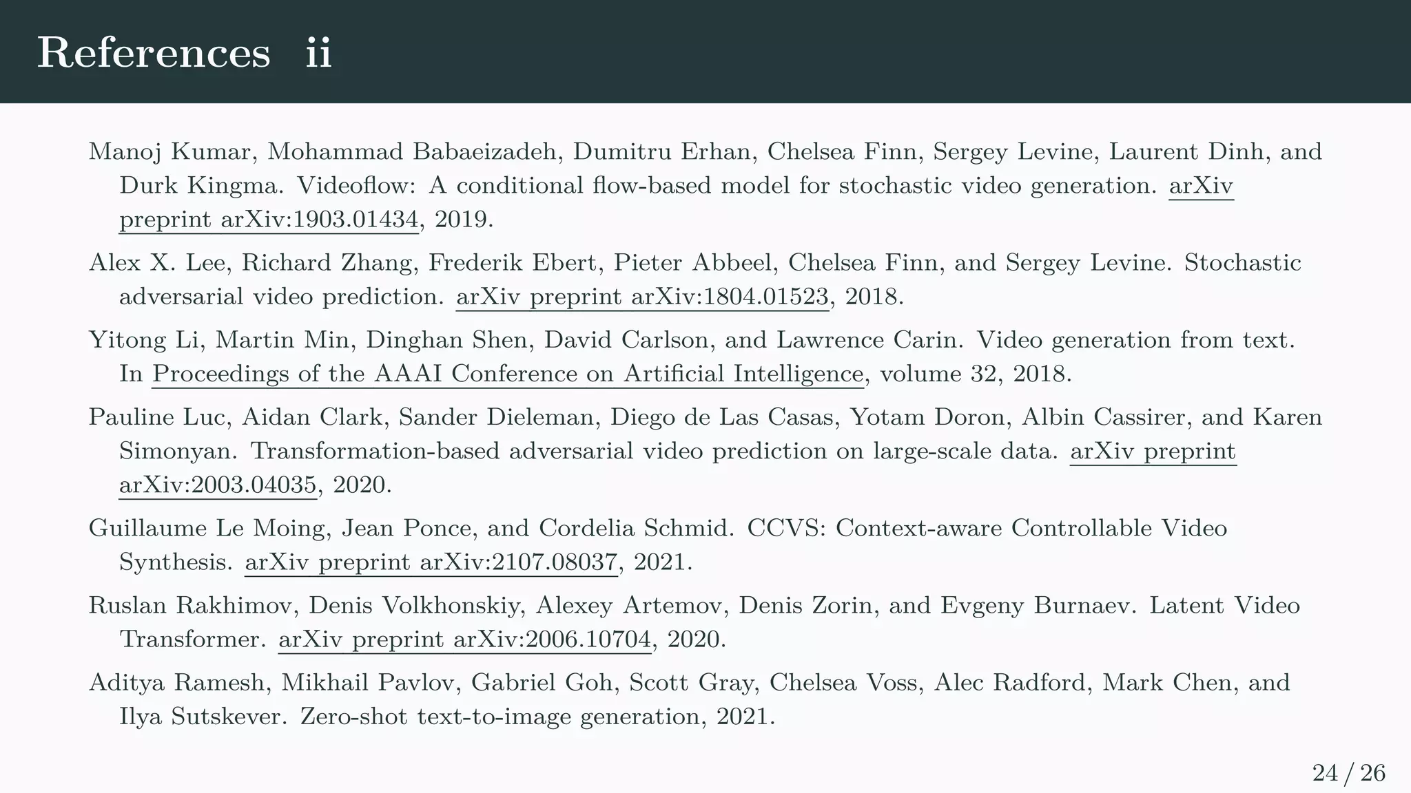 Experiments - qualitative results
A very cute cat
laying by a big bike.
China airlines plain
on the ground at an
airport with baggage
cars nearby.
A table that has a
train model on it
with other cars
and things.
A living room with
a tv on top of a
stand with a guitars
sitting next to.
A couple of people
are sitting on a
wood bench.
A very cute giraffe
making a funny
face.
A kitchen with a
fridge, stove and
sink.
A group of animals
are standing in the
snow.
A green train is coming
down the tracks.
A group of skiers are
preparing to ski
down a mountain.
A small kitchen
with low a ceiling.
A child eating a birthday cake near some balloons.
XMC-GAN (256×256) NÜWA(ours) (256×256)
A living area with a
television and a table.
NÜWA(ours)
(256×256)
XMC-GAN
(256×256)
NÜWA(ours)
(256×256)
DALL-E
(256×256)
Figure 6: T2I task on MSCOCO. The figure is cited from (Wu et al., 2021b).
14 / 26
 