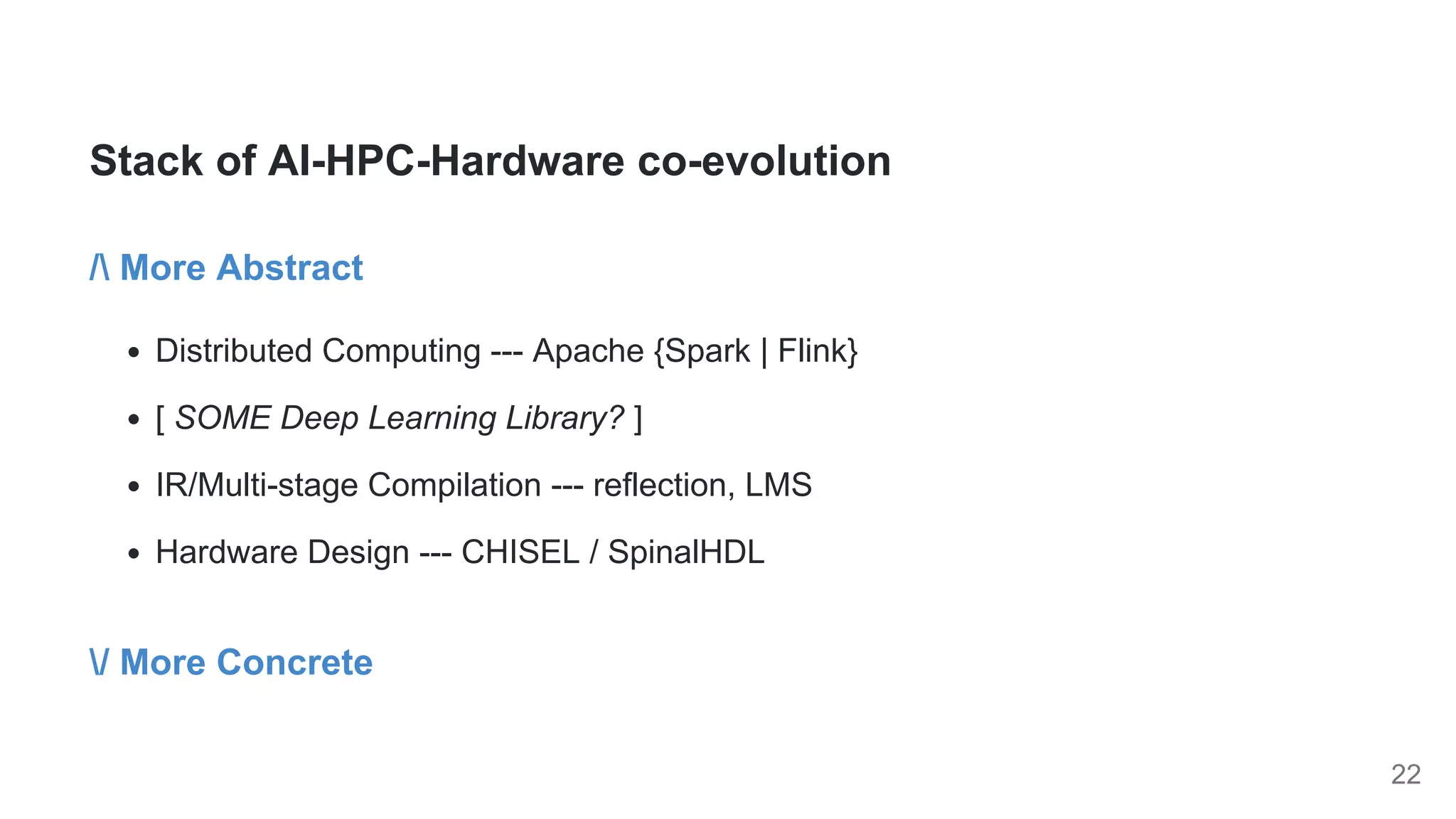 Stack of AI-HPC-Hardware co-evolution
/ More Abstract
Distributed Computing --- Apache {Spark | Flink}
[ SOME Deep Learning Library? ]
IR/Multi-stage Compilation --- reflection, LMS
Hardware Design --- CHISEL / SpinalHDL
/ More Concrete
22
 