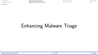 Introduction Academic Contributions Moving Forward Conclusions
Examples
Enhancing Malware Triage
How do we detect malware? 16 / 46 TAMU
 