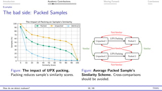 Introduction Academic Contributions Moving Forward Conclusions
Examples
The bad side: Packed Samples
0 10 20 30 40 50 60 70 80 90 100
Similarity Score
0
10
20
30
40
50
60
70
80
90
100
Samples
(%)
The Impact of Packing on Sample's Similarity
Packed Unpacked Identical
Figure: The impact of UPX packing.
Packing reduces sample’s similarity scores.
UPX Packing
UPX Packing
Similar Not Similar
Not Similar
Not Similar
Similar
Unpacked 1 Packed 1
Packed 2
Unpacked 2
Figure: Average Packed Sample’s
Similarity Scheme. Cross-comparisons
should be avoided.
How do we detect malware? 18 / 46 TAMU
 