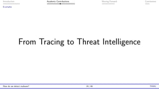 Introduction Academic Contributions Moving Forward Conclusions
Examples
From Tracing to Threat Intelligence
How do we detect malware? 24 / 46 TAMU
 