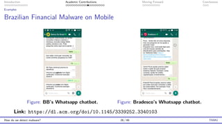 Introduction Academic Contributions Moving Forward Conclusions
Examples
Brazilian Financial Malware on Mobile
Figure: BB’s Whatsapp chatbot. Figure: Bradesco’s Whatsapp chatbot.
Link: https://dl.acm.org/doi/10.1145/3339252.3340103
How do we detect malware? 26 / 46 TAMU
 