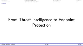 Introduction Academic Contributions Moving Forward Conclusions
Examples
From Threat Intelligence to Endpoint
Protection
How do we detect malware? 29 / 46 TAMU
 
