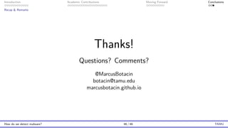 Introduction Academic Contributions Moving Forward Conclusions
Recap & Remarks
Thanks!
Questions? Comments?
@MarcusBotacin
botacin@tamu.edu
marcusbotacin.github.io
How do we detect malware? 46 / 46 TAMU
 