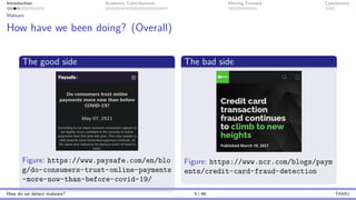 Introduction Academic Contributions Moving Forward Conclusions
Malware
How have we been doing? (Overall)
The good side
Figure: https://www.paysafe.com/en/blo
g/do-consumers-trust-online-payments
-more-now-than-before-covid-19/
The bad side
Figure: https://www.ncr.com/blogs/paym
ents/credit-card-fraud-detection
How do we detect malware? 5 / 46 TAMU
 