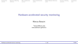 Introduction Signature Matching HPC Classification Packer Identification Fileless Malware Detection Function Checking Conclusions
Hardware-accelerated security monitoring
Marcus Botacin
1botacin@tamu.edu
marcusbotacin.github.io
Hardware-accelerated security monitoring 1 / 35 YORK
 