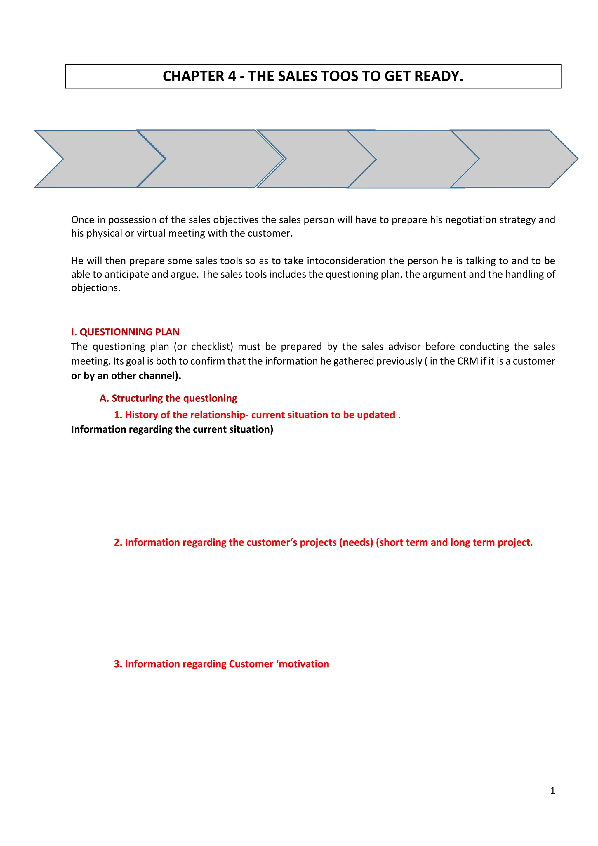 1
CHAPTER 4 - THE SALES TOOS TO GET READY.
Once in possession of the sales objectives the sales person will have to prepare his negotiation strategy and
his physical or virtual meeting with the customer.
He will then prepare some sales tools so as to take intoconsideration the person he is talking to and to be
able to anticipate and argue. The sales tools includes the questioning plan, the argument and the handling of
objections.
I. QUESTIONNING PLAN
The questioning plan (or checklist) must be prepared by the sales advisor before conducting the sales
meeting. Its goal is both to confirm that the information he gathered previously ( in the CRM if it is a customer
or by an other channel).
A. Structuring the questioning
1. History of the relationship- current situation to be updated .
Information regarding the current situation)
2. Information regarding the customer‘s projects (needs) (short term and long term project.
3. Information regarding Customer ‘motivation
Knowledge
of your
segment
knowledge of the
products
are right and also to make sure the sales advisor will get the information
needed
Extraction of the database (if customer) + questions
if missing information.
-> Questions about his or her function, role,
environment, constraints,...
Start with the information you know
Check and update
Example if historical customer:
How is your work going?
-> To find out the real needs and motivation of the Lead or Customer
-> The reason of the appointment
-> Questions on the short term projects and long-term projects
-> What is he expected from us in the future?
-> To define the customer profile and his/ her expectation
-> To argue
-Search for information on the motivations and expectations of the client or the lead.
The 4 essential questions:
- What is the most important thing for you with a bank?
- What is a good product for you?
- What does being well insured mean to you?
- What makes you want to change of Bank?
-Ask finally a technical question related to your initial request with a fundamental question
-> What is the main gurantee for you in this contract?
The answer will be used in the argurmentation
 