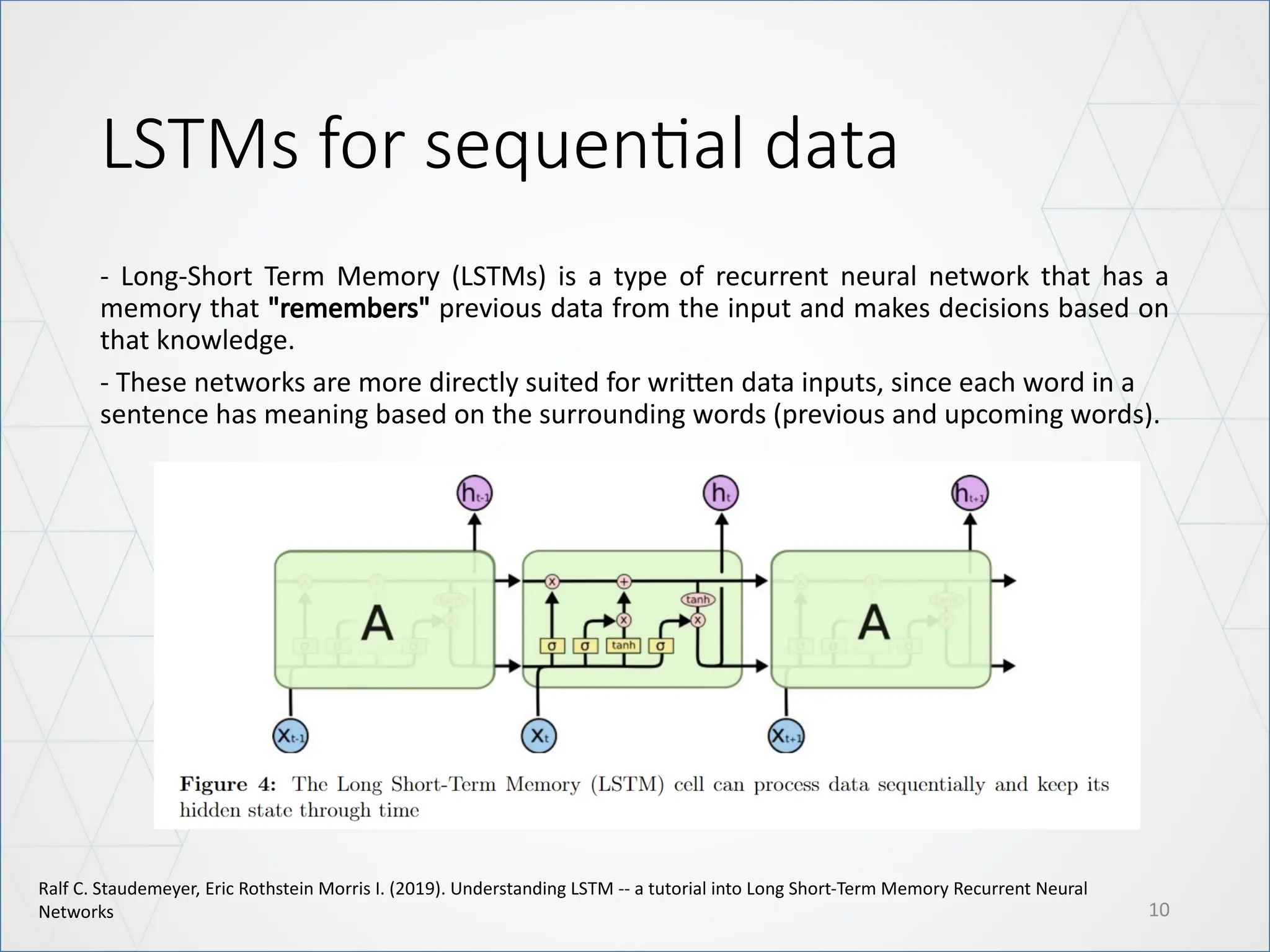 LSTMs for sequential data
- Long-Short Term Memory (LSTMs) is a type of recurrent neural network that has a
memory that "remembers" previous data from the input and makes decisions based on
that knowledge.
- These networks are more directly suited for written data inputs, since each word in a
sentence has meaning based on the surrounding words (previous and upcoming words).
10
Ralf C. Staudemeyer, Eric Rothstein Morris I. (2019). Understanding LSTM -- a tutorial into Long Short-Term Memory Recurrent Neural
Networks
 