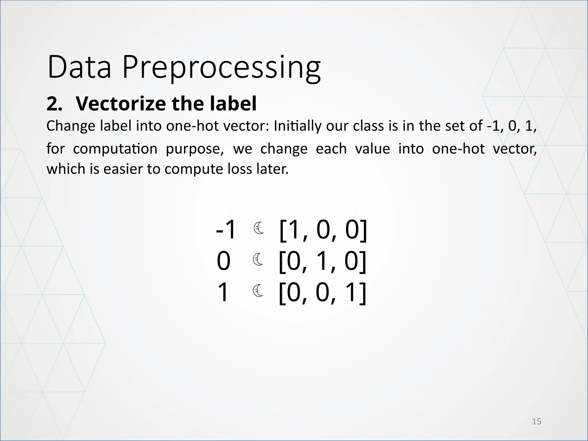 Data Preprocessing
15
2. Vectorize the label
Change label into one-hot vector: Initially our class is in the set of -1, 0, 1,
for computation purpose, we change each value into one-hot vector,
which is easier to compute loss later.
-1  [1, 0, 0]
0  [0, 1, 0]
1  [0, 0, 1]
 