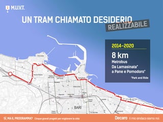 8 km
Metrobus
Da Lamasinata*
a Pane e Pomodoro*
*Park and Ride
2014-2020
M.U.V.T.1
UN TRAM CHIAMATO DESIDERIO
REALIZZABILE...