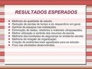 RESULTADOS ESPERADOS Melhoria da qualidade do estudo. Redução de perdas de tempo e do desperdício em geral. Ganhos de espaços nas instalações. Eliminação de dados, relatórios e materiais ultrapassados. Melhor utilização e controle dos recursos da escola. Melhoria das condições de segurança no ambiente escolar. Melhoria da imagem de organização. Criação de ambientes mais agradáveis para se estudar. Foco nas atividades desenvolvidas. 