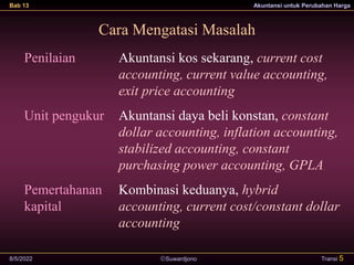Suwardjono
Bab 13 Akuntansi untuk Perubahan Harga
8/5/2022 Transi 5
Cara Mengatasi Masalah
Penilaian
Unit pengukur
Pemertahanan
kapital
Akuntansi kos sekarang, current cost
accounting, current value accounting,
exit price accounting
Akuntansi daya beli konstan, constant
dollar accounting, inflation accounting,
stabilized accounting, constant
purchasing power accounting, GPLA
Kombinasi keduanya, hybrid
accounting, current cost/constant dollar
accounting
 
