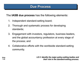 Slide
1-26
Due Process
The IASB due process has the following elements:
1. Independent standard-setting board;
2. Thorough and systematic process for developing
standards;
3. Engagement with investors, regulators, business leaders,
and the global accountancy profession at every stage of
the process; and
4. Collaborative efforts with the worldwide standard-setting
community.
LO 5 Identify the major policy-setting bodies and
their role in the standard-setting process.
 