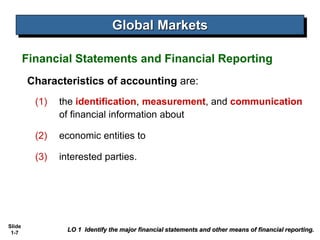 Slide
1-7
LO 1 Identify the major financial statements and other means of financial reporting.
Global Markets
Financial Statements and Financial Reporting
Characteristics of accounting are:
(1) the identification, measurement, and communication
of financial information about
(2) economic entities to
(3) interested parties.
 