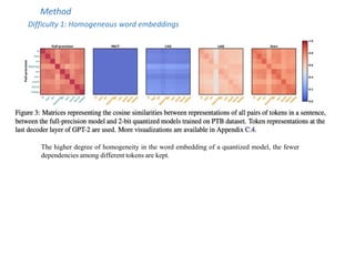 Method
Difficulty 1: Homogeneous word embeddings
The higher degree of homogeneity in the word embedding of a quantized model, the fewer
dependencies among different tokens are kept.
 
