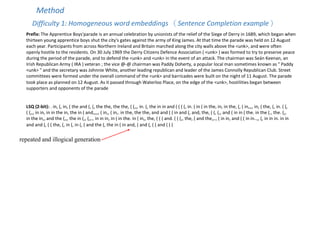 Method
Difficulty 1: Homogeneous word embeddings （Sentence Completion example）
Prefix: The Apprentice Boys'parade is an annual celebration by unionists of the relief of the Siege of Derry in 1689, which began when
thirteen young apprentice boys shut the city's gates against the army of King James. At that time the parade was held on 12 August
each year. Participants from across Northern Ireland and Britain marched along the city walls above the <unk>, and were often
openly hostile to the residents. On 30 July 1969 the Derry Citizens Defence Association ( <unk> ) was formed to try to preserve peace
during the period of the parade, and to defend the <unk> and <unk> in the event of an attack. The chairman was Seán Keenan, an
Irish Republican Army ( IRA ) veteran ; the vice @-@ chairman was Paddy Doherty, a popular local man sometimes known as " Paddy
<unk> " and the secretary was Johnnie White, another leading republican and leader of the James Connolly Republican Club. Street
committees were formed under the overall command of the <unk> and barricades were built on the night of 11 August. The parade
took place as planned on 12 August. As it passed through Waterloo Place, on the edge of the <unk>, hostilities began between
supporters and opponents of the parade
LSQ (2-bit): . in, (, in, ( the and (, (, the the, the the, ( (,,, in. (, the in in and ( ( ( (, in. ( in ( in the, in, in the, (, ( in,,,, in, ( the, (, in. ( (,
( (,,, in in, in in the in, the in ( and,,,,, ( in,, ( in,. in the, the the, and and ( ( in and (, and, the, ( (, (,, and ( in in ( the. in the (., the. (,,
in the in,, and the (,,, the in (,, (,,., in in in, in ( in the. in ( in,, the, ( ( ( and. ( ( (,, the, ( and the,,., ( in in, and ( ( in in..,, (, in in in. in in
and and (, ( ( the, (, in (, in (, ( and the (, the in ( in and, ( and (, ( ( and ( ( (
repeated and illogical generation
 