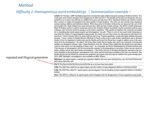 Method
Difficulty 1: Homogeneous word embeddings （Summarization example）
repeated and illogical generation
 