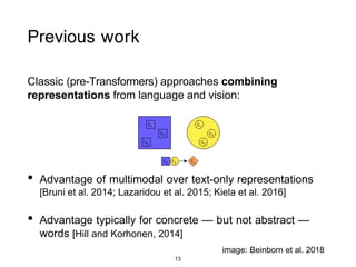 Previous work
Classic (pre-Transformers) approaches combining
representations from language and vision:
• Advantage of multimodal over text-only representations
[Bruni et al. 2014; Lazaridou et al. 2015; Kiela et al. 2016]
• Advantage typically for concrete — but not abstract —
words [Hill and Korhonen, 2014]
image: Beinborn et al. 2018
13
 