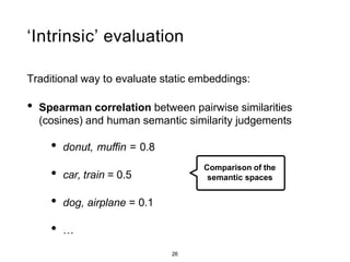 ‘Intrinsic’ evaluation
Traditional way to evaluate static embeddings:
• Spearman correlation between pairwise similarities
(cosines) and human semantic similarity judgements
• donut, muﬃn = 0.8
• car, train = 0.5
• dog, airplane = 0.1
• …
Comparison of the
semantic spaces
26
 