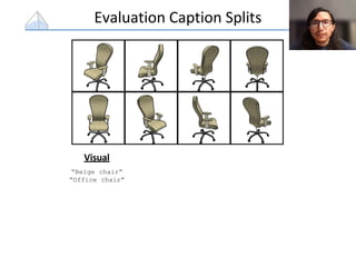 Evaluation Caption Splits
Visual
“Beige chair”
“Office chair”
 