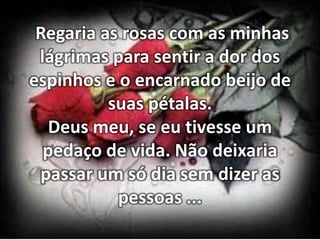 Regaria as rosas com as minhas
lágrimas para sentir a dor dos
espinhos e o encarnado beijo de
suas pétalas.
Deus meu, se eu tivesse um
pedaço de vida. Não deixaria
passar um só dia sem dizer as
pessoas ...

 