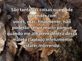 São tantas as coisas que pude
aprender com
vocês, mas, finalmente, não
poderão servir muito porque
quando me olharem dentro dessa
maleta (laptop) infelizmente
estarei morrendo.

 