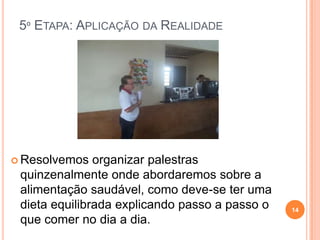5º ETAPA: APLICAÇÃO DA REALIDADE




 Resolvemos   organizar palestras
 quinzenalmente onde abordaremos sobre a
 alimentação saudável, como deve-se ter uma
 dieta equilibrada explicando passo a passo o   14
 que comer no dia a dia.
 