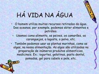 HÁ VIDA NA ÁGUA O homem utiliza muitos recursos retirados da água. Dos oceanos, por exemplo, podemos obter alimentos e petróleo. Usamos como alimento, os peixes, os camarões, os caranguejos, a lagosta, o polvo, etc. Também podemos usar as plantas marinhas, como as algas, na nossa alimentação. As algas são utilizadas na preparação de inúmeros produtos alimentícios, medicinais. Ex.: iogurtes, gelatinas, pasta dental, pomadas, gel para cabelo e pele, etc . 